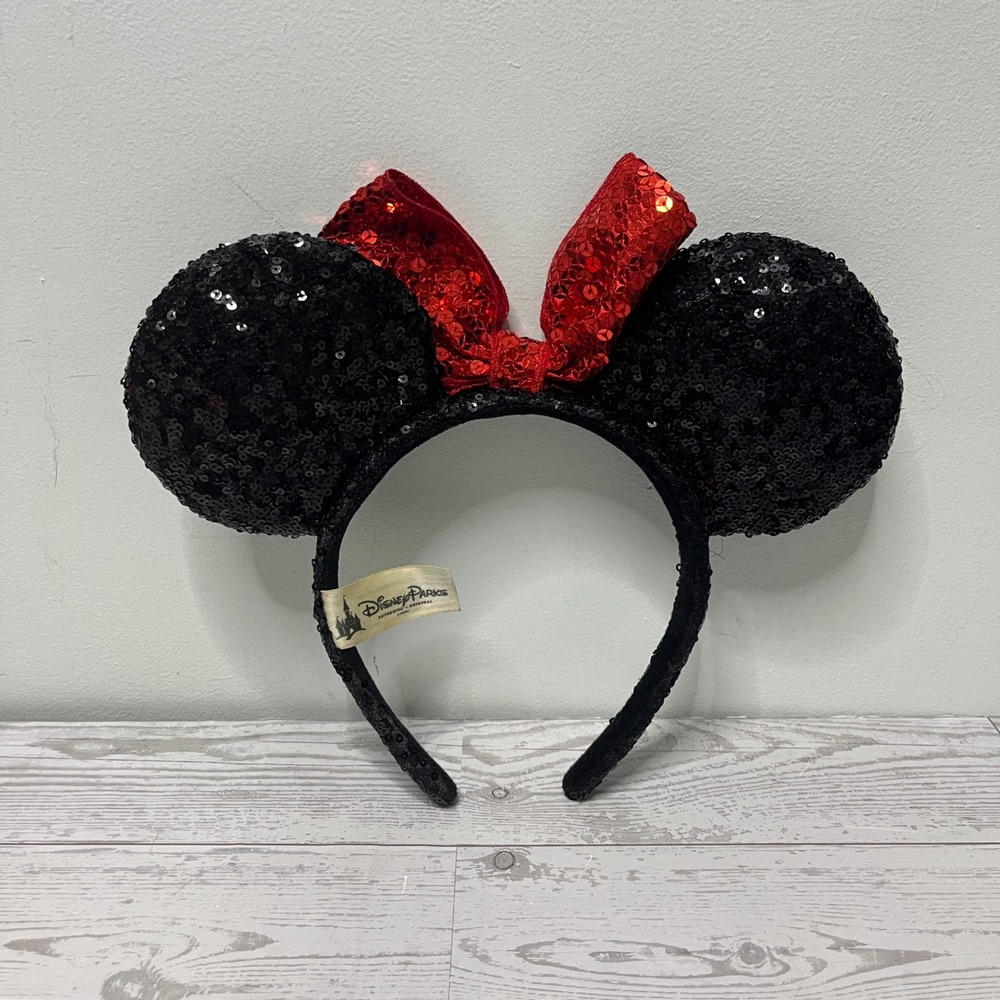 Disney Parks Minnie Mouse Sequin Ears Headband Red Bow Black Sparkle